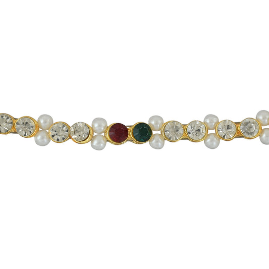 Brass Gold Plated, Pearl, Imitation Ruby, Emerald and White Diamond, Single Strand Kamarbandh