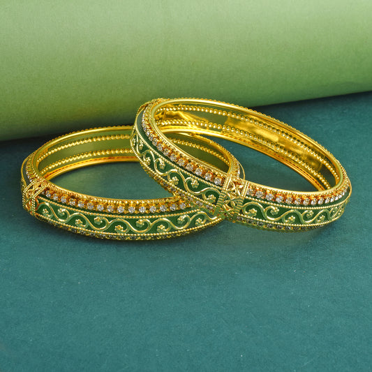 Brass 24Kt Micron Gold Traditional handmade Green Enamel Bangle Kada Set (KDVK2306)
