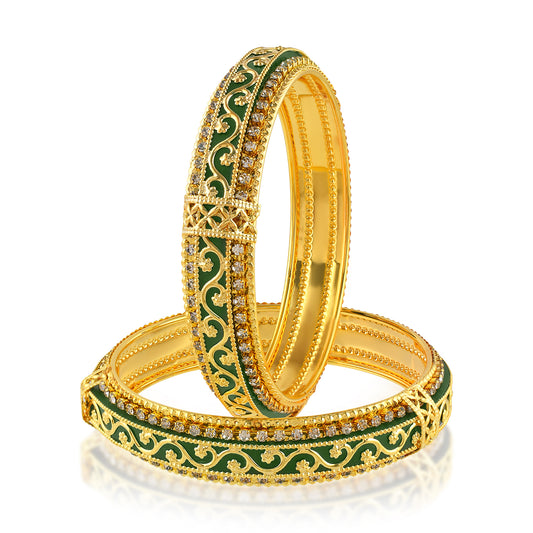 Brass 24Kt Micron Gold Traditional handmade Green Enamel Bangle Kada Set (KDVK2306)