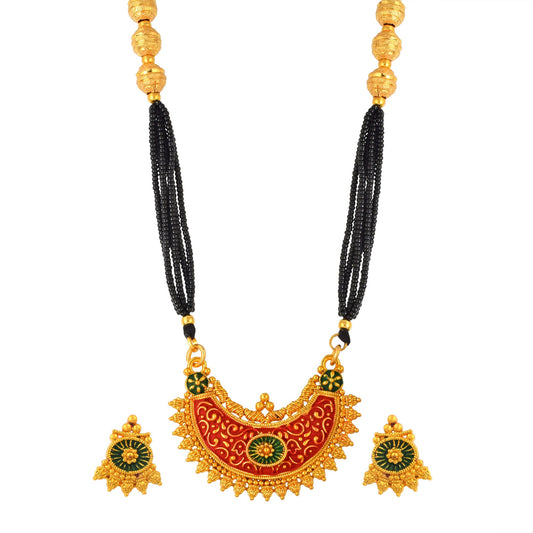 Brass Goldplated Red Meenakari Long Mangalsutra With earrings