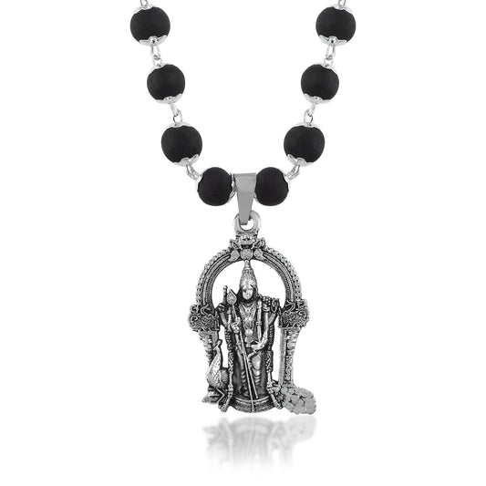 Stainless Steel Silver Plated Karungali Mala with Lord Murugan Pendant (NKDM3859)