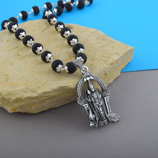 Stainless Steel Silver Plated Karungali Mala with Lord Murugan Pendant (NKDM3859)
