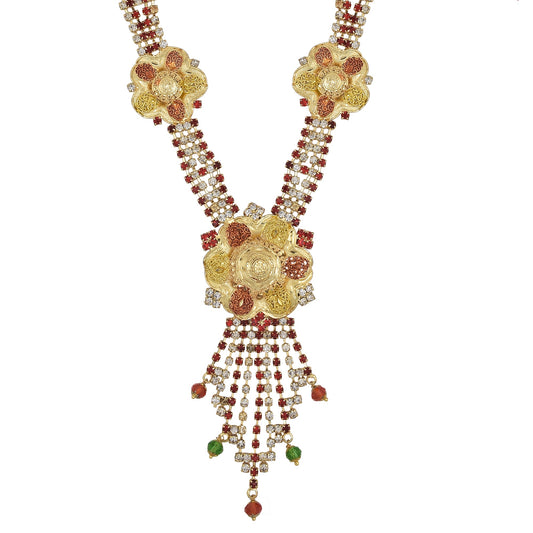 Gold plated White and Red CZ, floral pattern, Long Fashion necklace