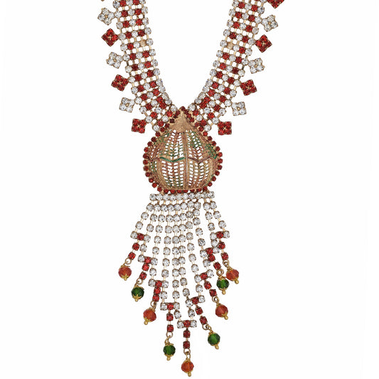 Gold plated White and Red CZ, Naivedya (Nariyal) motig, Long Fashion necklace