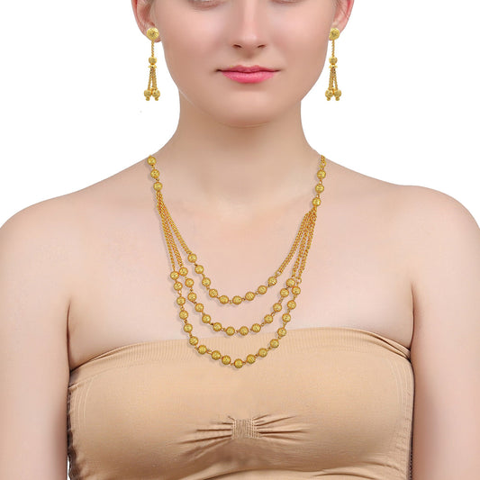 Gold plated, Carved bead ball three strand short necklace set