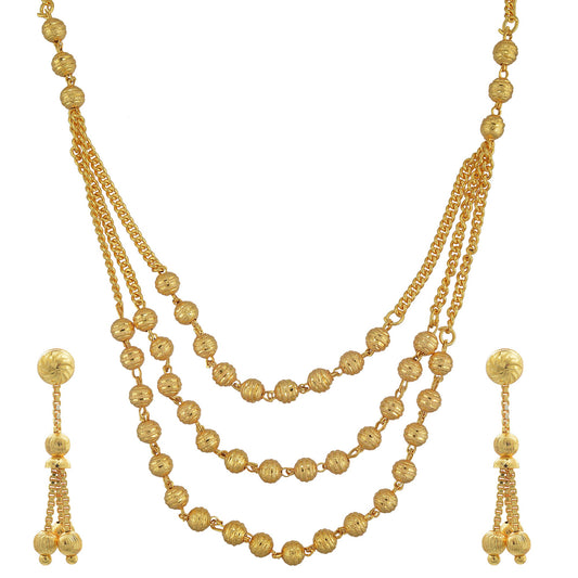 Gold plated, Carved bead ball three strand short necklace set