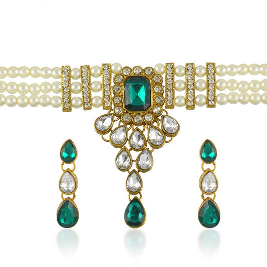 Pearl and Imitation Emerald Choker Necklace Set