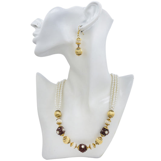 White Pearls rondell, Chocolate Brown Crystals, Brass bead, Fashion necklace set