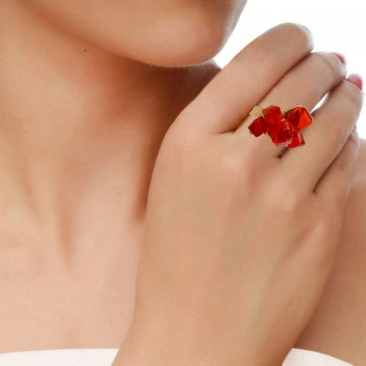 Gold plated Red CZ cubes studded Stylish high fashion free size ring for Women