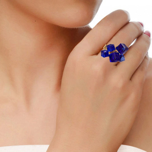 Gold plated Titanic Blue CZ cubes studded Stylish high fashion free size ring for Women