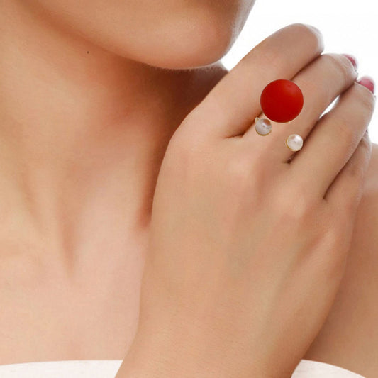 Gold plated Pearl and Red Ball free size ring for Women