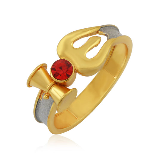 Gold plated Red CZ Trishul Damru Shiv Finger ring