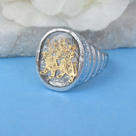 Silverplated Gold Engraved Sherawali Durga Fingerring