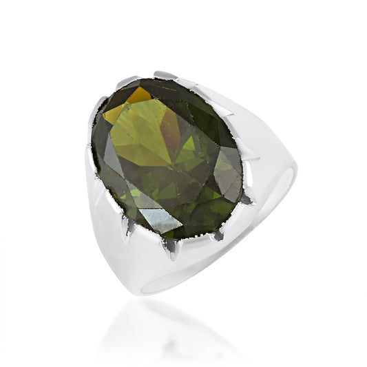 Silverplated Green Olive Quartz Fingerring Men