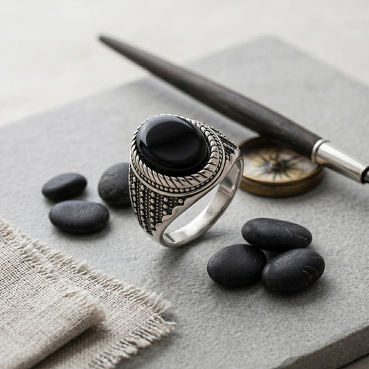 Brass Antique Silver plated Black Onyx finger ring Men evil protection(ORMI5790)