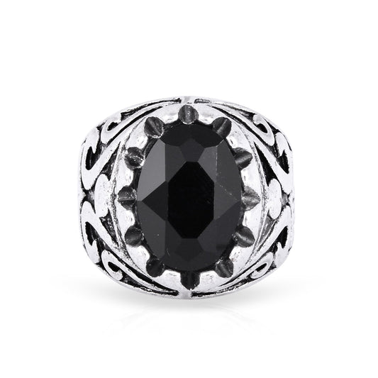 Brass Silverplated Antique Look Black Obsidian Fashion fingerring