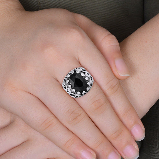 Brass Silverplated Antique Look Black Obsidian Fashion fingerring