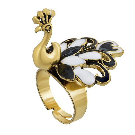 Brass Designer Pachikari Work, White & Black Peacock Shape, 3D, latest Fashion Finger Ring