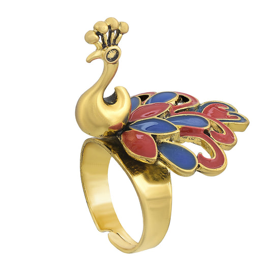 Brass Designer Pachikari Work, Blue & Red Peacock Shape, 3D, latest Fashion Finger Ring