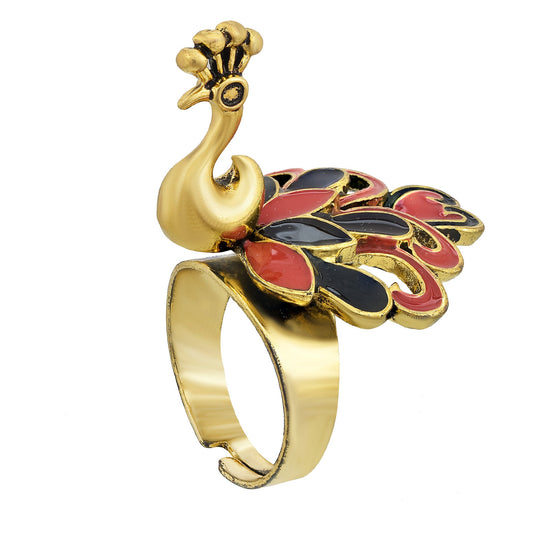 Brass Designer Pachikari Work, Red & Black Peacock Shape, 3D, latest Fashion Finger Ring