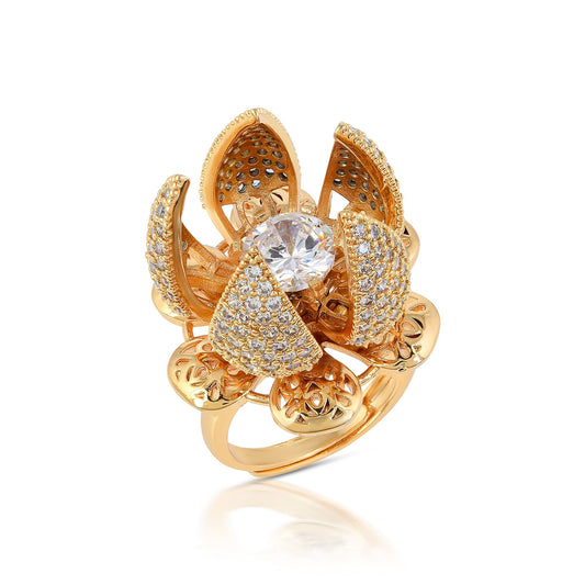 Goldplated Opening Petals with Solitaire CZ Fashion Fingerring