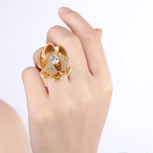 Goldplated Opening Petals with Solitaire CZ Fashion Fingerring