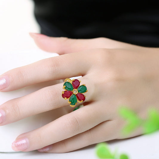 Gold plated, Faux Burma Ruby, Faux Colombian Emerald and Imitation Diamond Ring