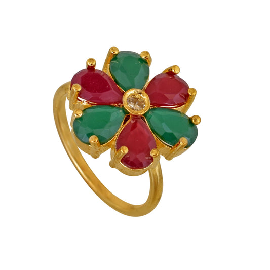 Gold plated, Faux Burma Ruby, Faux Colombian Emerald and Imitation Diamond Ring