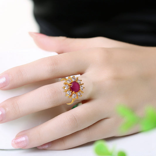 Gold plated, Faux Burma Ruby and Imitation Diamond Studded flower shape Finger Ring