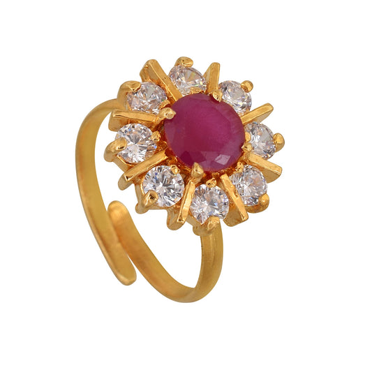 Gold plated, Faux Burma Ruby and Imitation Diamond Studded flower shape Finger Ring