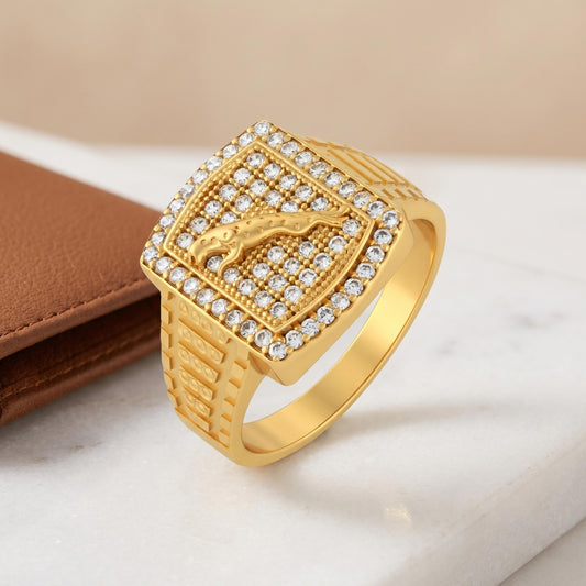 Micron Gold Plated Brass Imitation Diamond Moissanite Studded Jumping Jaguar Tiger Leopard Signet Luxe high fashion finger Ring (ORSV1028)