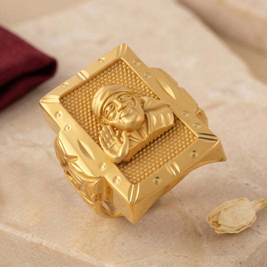 Brass Micron Gold Plated Sai Baba Signet Ring - Handcrafted Brass Devotional Religious Statement Finger Ring (ORSV1046)