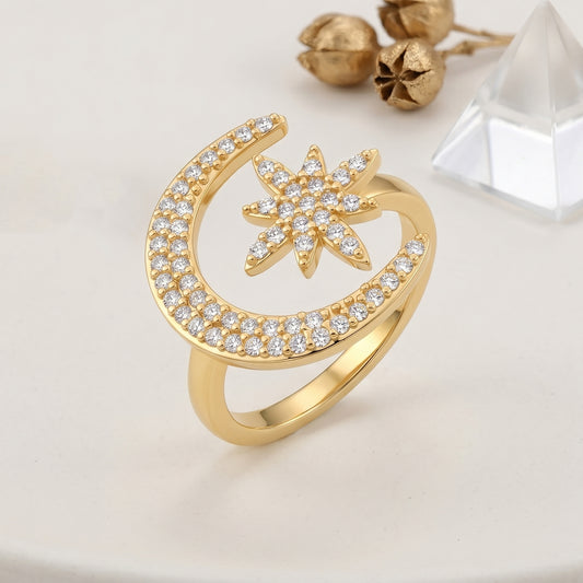 Gold Plated Imitation Diamond Crescent Moon and Star Unisex Finger Ring (ORSV1349)