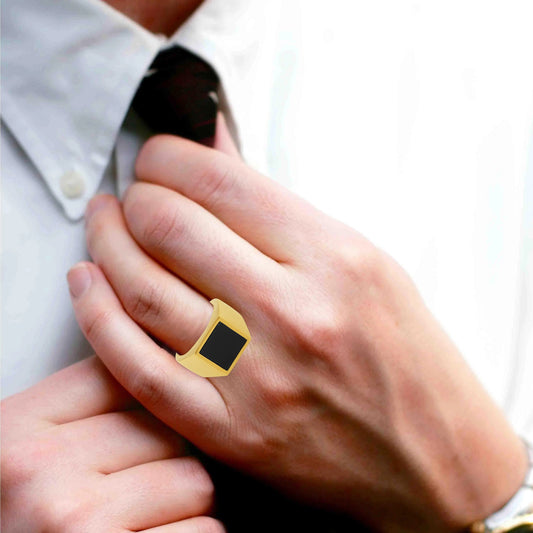 Brass Goldplated Flat sheet Black Onyx Signet Fashion Fingerring Men