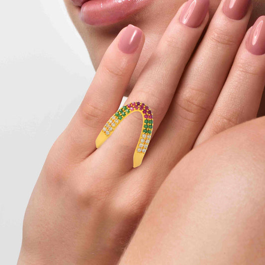 Brass Goldplated Imitation Ruby & Emerald Fashion Finger ring