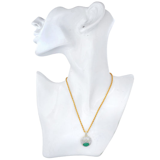 Gold plated, Faux Emerald and CZ studded, round shape chain pendant