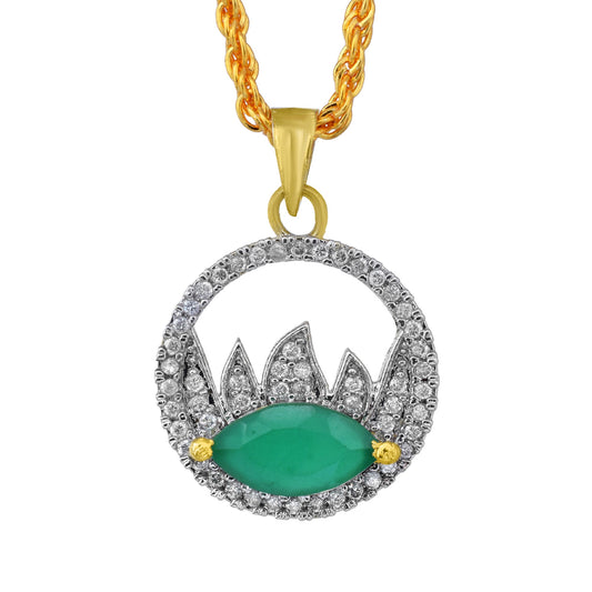 Gold plated, Faux Emerald and CZ studded, round shape chain pendant