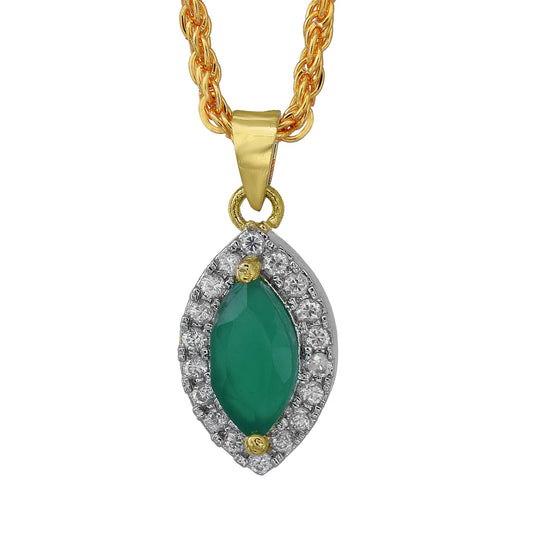 Gold plated, Faux Emerald and CZ studded, Marquoise shape chain pendant