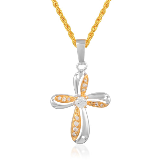 Brass Dual tone Gold & Silverpated Imitation Diamond Jesus Chrsitian Cross pendant