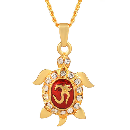 Brass Goldplated CZ Red Enamel Om on Tortoise shape Spiritual Hindu Pendant