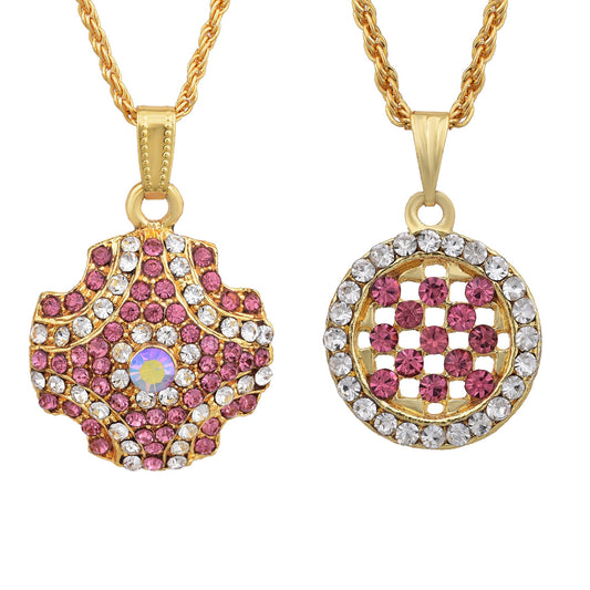 Gold plated, SET of 2, Pinkish Red Colour and White CZ, Fashion chain pendant