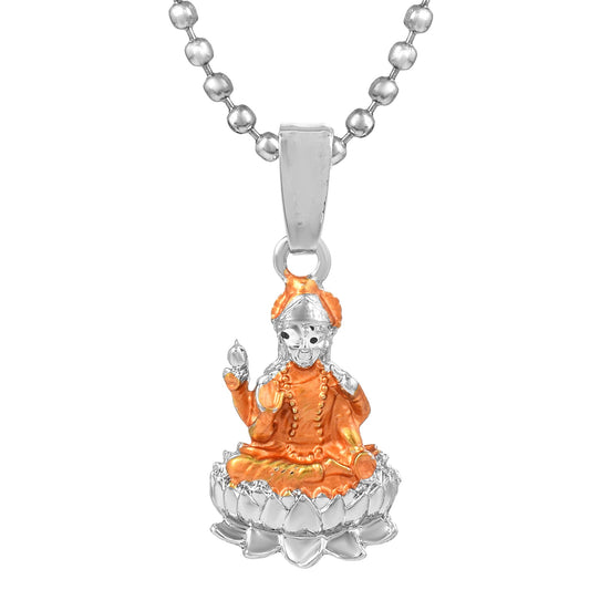 Brass Silverplated Saffron Enamel Small and Cute Lakshmi chain Pendant