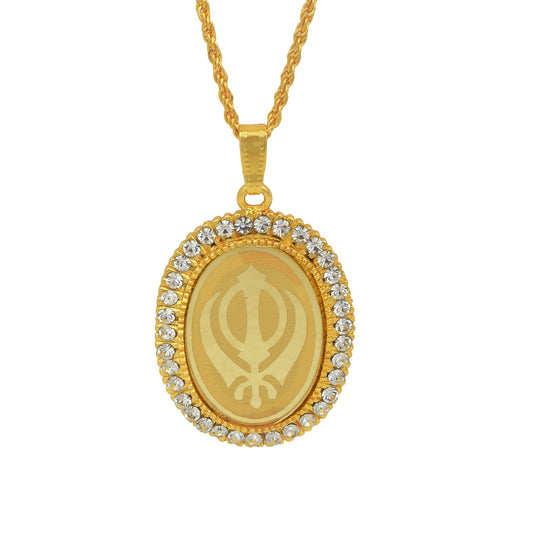 Gold plated CZ studded KHANDA embossed, Sikh sardar punjabi khalsa pendant