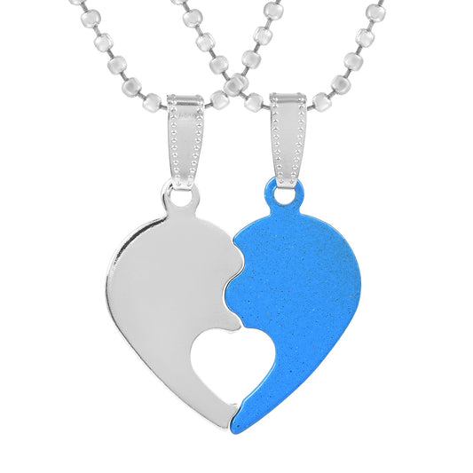 Silver and Blue Tone 2 parts Heartshape Love Chain Pendant