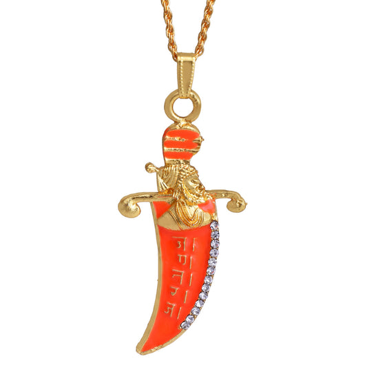 old plated Brass, Orange enamel, Shivaji Image and Sword pendant