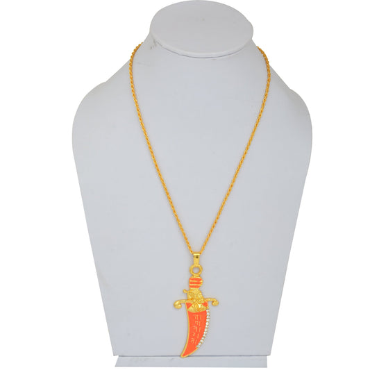 old plated Brass, Orange enamel, Shivaji Image and Sword pendant