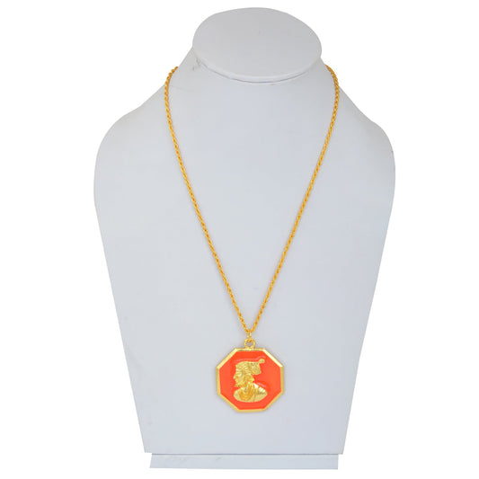 Gold plated Brass, Octagon Geometrical shape, Orange Enamel, Shivaji Pendant