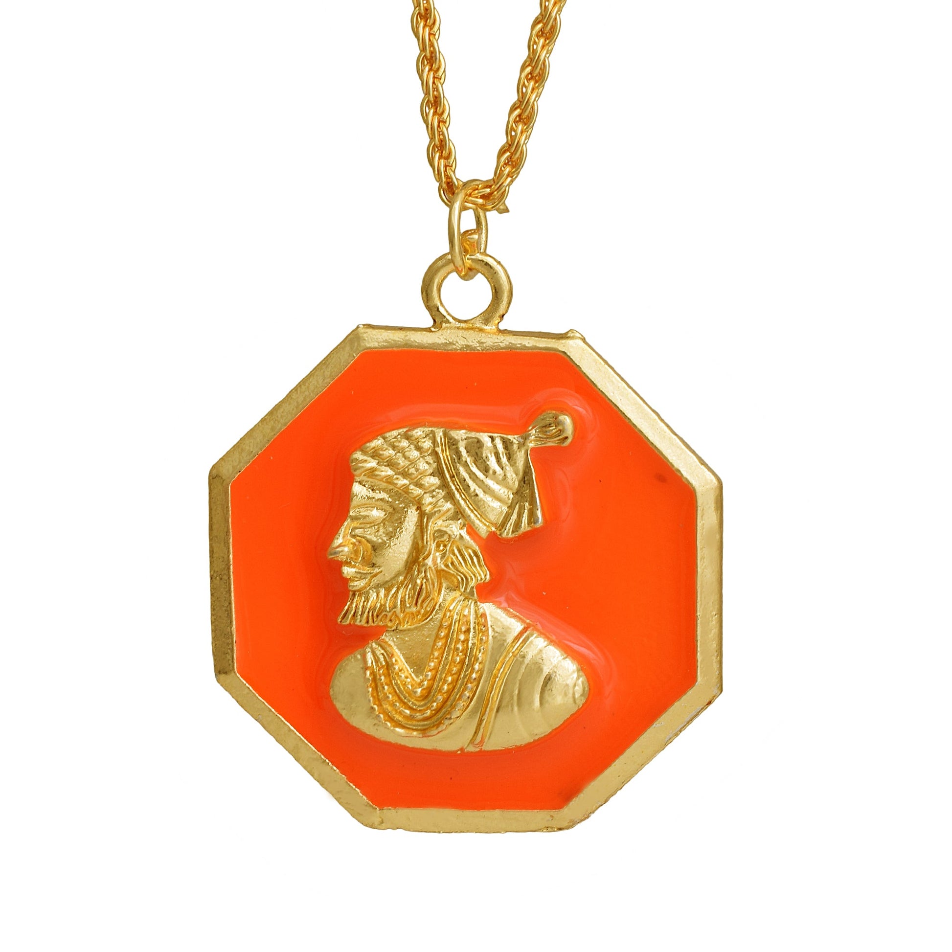 Gold plated Brass, Octagon Geometrical shape, Orange Enamel