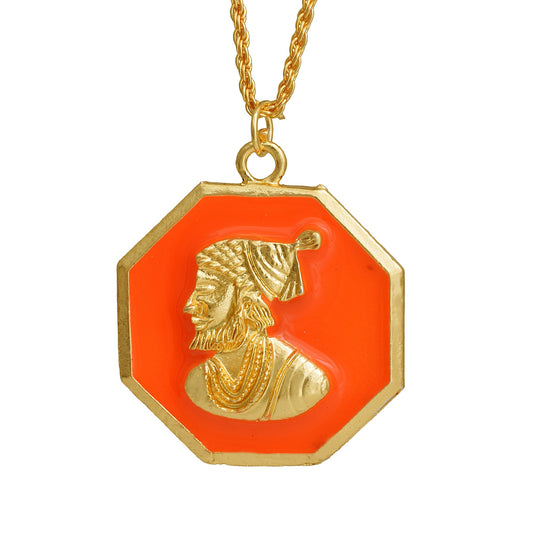 Gold plated Brass, Octagon Geometrical shape, Orange Enamel, Shivaji Pendant