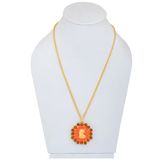 Gold plated Brass, Rudraksh Octagon Geometrical shape, Orange Enamel, Shivaji Pendant